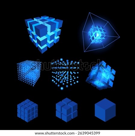 Vector illustration of energy blue cubes set, different shapes, glowing with neon light. Data cores. Quantum computer service. Block chain, data transfer technology. Isolated black background