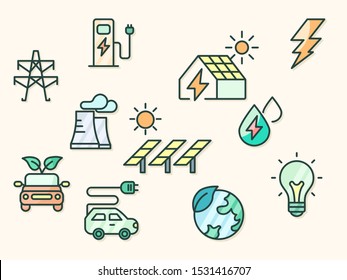 Vector illustration of a energy and ecology elements. Contains such as Energy industry, solar panels, oil, green car and more. Flat illustration style line drawing and background color beige.