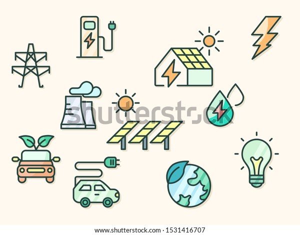 Vector illustration of a energy and ecology\
elements. Contains such as Energy industry, solar panels, oil,\
green car and more. Flat illustration style line drawing and\
background color beige.