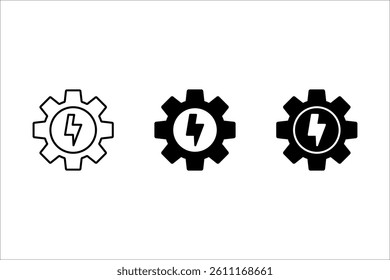 Vector illustration of an energy gear icon with a lightning bolt, ideal for concepts of power, mechanics, and technology. Editable stroke.
