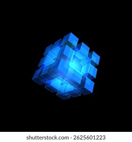 Vector illustration of energy glowing cube with small blocks. Processor core. Quantum computer service. Data transfer technology. Programming and innovation. Isolated black background.