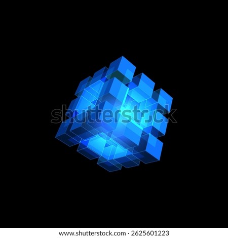 Vector illustration of energy glowing cube with small blocks. Processor core. Quantum computer service. Data transfer technology. Programming and innovation. Isolated black background.