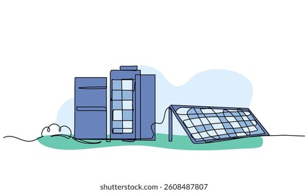 Vector illustration of energy storage in solar panel. Modern flat in continuous line style.