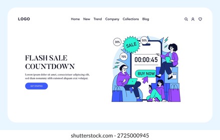 Ilustração vetorial de compradores engajados interagindo com uma contagem regressiva de venda flash. Os personagens usam dispositivos digitais em meio a uma exibição de venda vibrante, enfatizando urgência e entusiasmo.