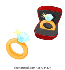 A vector illustration of an engagement or marriage ring with box. Engagement ring. Engagement or marriage ring jewelery. .