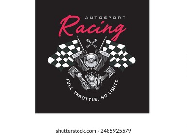 Ilustración vectorial de las banderas del motor, del pistón y de las carreras con la ilustración de Antiguas disponible para el diseño de la camiseta