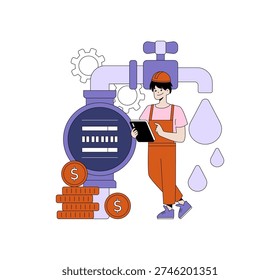 Vector illustration of an engineer assessing a water supply system with a tablet. Coins symbolize financial analysis and investment. Shows technology and efficiency in utilities management.