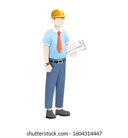 Vector illustration Engineer carry blue print sheets on white background. Worker wear safety helmet with blue print. Vector illustration isolated background