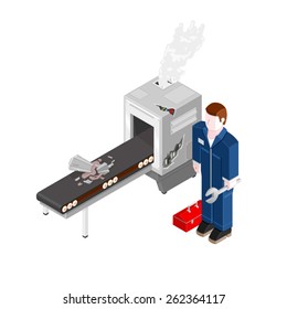 A vector illustration of an engineer fixing an industrial machine.
Isometric Repair Handyman.
Isometric man fixing a packing machine.