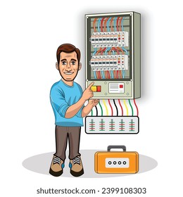 Vector illustration of Engineer repairing breaker switch box. Electrician checking breaker switch box