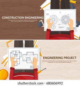 Vector illustration. Engineering and architecture. Drawing, construction. Architectural project. Design, sketching. Workspace with tools. Planning, building.