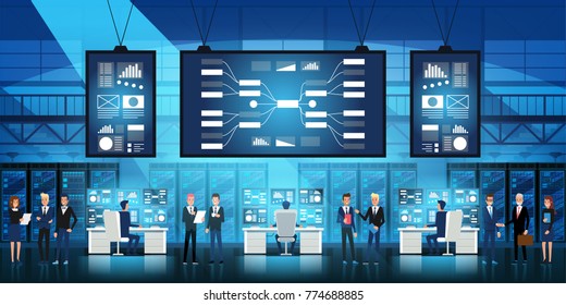 Vector illustration of IT engineers in big data center work on new technology government project with server rooms and computers 