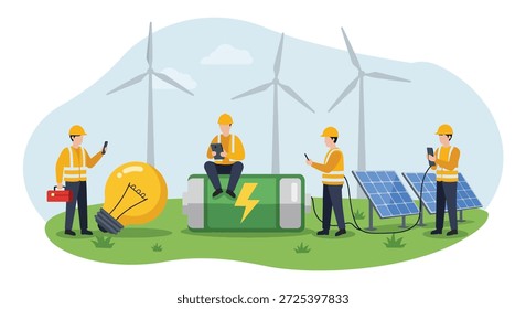 Ilustración vectorial de ingenieros que trabajan con paneles solares, turbinas eólicas y almacenamiento de baterías para energía verde sostenible.