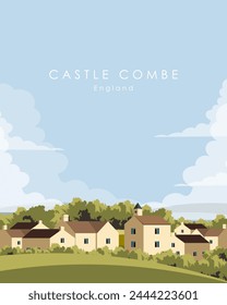 Vector illustration. England Castle Combe. Poster design, travel card, banner, cover. Tourism, travel, tourist destination.