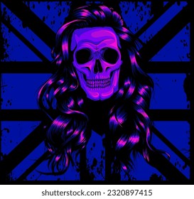 vector illustration of England flag and woman skull on black background digital hand draw