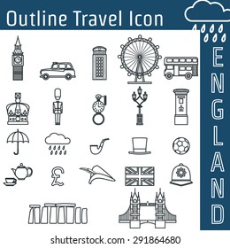 Vector Illustration of England Icon Outline for Design, Website, Background, Banner. Travel Britain Logo Landmark Silhouette  Element Template for Tourism Flyer. Big Ben, London Eye, Bus, Taxi, Crown