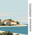 Vector illustration. England, poster, postcard. Bay postcard, banner. Travel, nature, houses, city.
