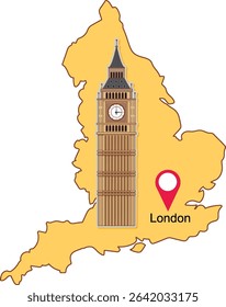 Vector illustration of England's map highlighting a famous London landmark with a pin. Simple colors and clear composition