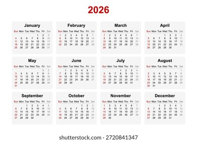 Ilustração vetorial do calendário inglês para o ano de 2026. Domingo como primeiro dia da semana