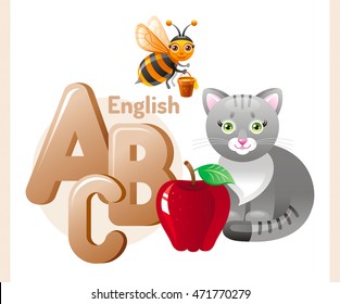 Vector illustration. English alphabet ABC icon. Abstract design template with cat, bee, apple, A, B, C letters