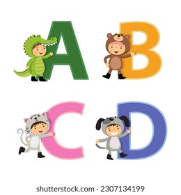 Vector Illustration of English alphabet with kids in animal costume a-d