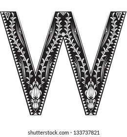 Vector illustration of an English alphabet letter in graphic style with ornaments. Letter - W