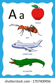Vector illustration English alphabet with pictures word and titles for children education. Children alphabet with picture. English alphabet with picture word. English alphabet A with pictures word