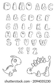 Vector illustration with English alphabet and two dinosaurs. Learning and creativity material. Colouring page with abc and Dino for children.