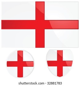 Vector illustration of the English flag, alongside a round and shield emblems