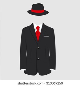 Vector Illustration English Gentleman Concept. Fedora Hat And Man Suit With Red Tie On Grey Background