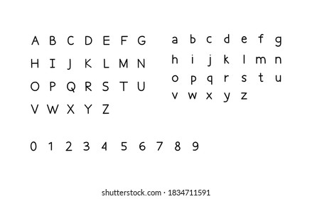 Vector illustration of English hand-drawn alphabet. Set of big and small letters and numbers. Thin lettering set isolated on white background. Alphabet illustration for web and print design.