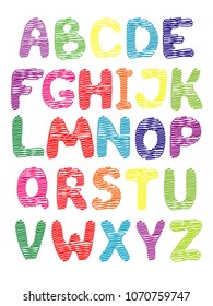 Vector illustration. English hand-drawn colored alphabet.