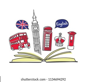 Vector illustration English language school. Open book and famous symbols of London: Big Ben, double decker, telephone and post box, crown. Hand drawn doodle objects isolated on white.