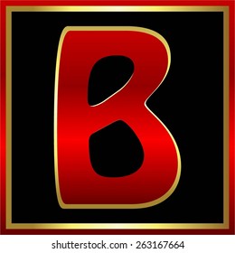 Vector illustration of The English letter B in red - gold frame on a black background.