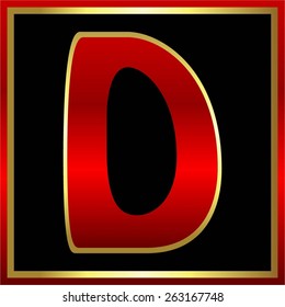 Vector illustration of The English letter D in red - gold frame on a black background.