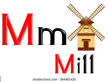 The vector illustration of the  English letter M with the the picture of the mill
