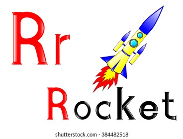 The vector illustration of the  English letter R with the picture of the rocket