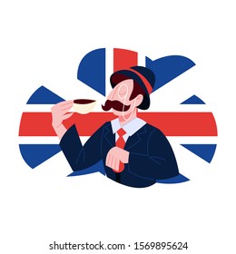 Vector illustration of English man holding a cup of tea against Great Britain flag. United Kingdom citizen. Representation of nationality and culture. Vector illustration in flat style