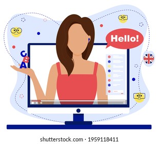 Vector illustration of English teacher. Native speaker. Online learning. Video tutorial. Language courses, school. Online education. Learn English language. 