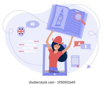 Vector illustration of English teacher. Online education. Self-education. Banner for online education.