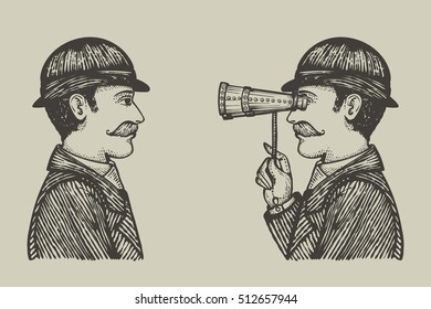 Vector illustration of engraved gentlemen - detective makes investigation searching for information concept as one vintage man looking through binoculars to another.