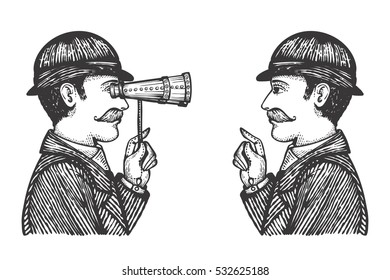 Vector illustration of engraved gentlemen - detective makes investigation searching for information concept as one vintage man looking through binoculars to another.