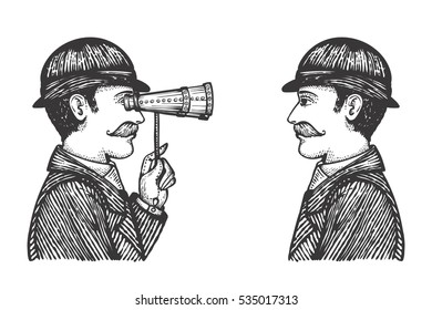 Vector illustration of engraved gentlemen - detective makes investigation searching for information concept as one vintage man looking through binoculars to another.