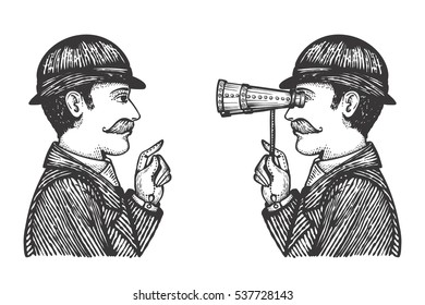 Vector illustration of engraved gentlemen - detective makes investigation searching for information concept as one vintage man looking through binoculars to another.