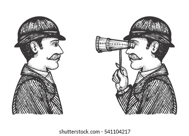 Vector illustration of engraved gentlemen - detective makes investigation searching for information concept as one vintage man looking through binoculars to another.