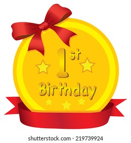 Vector illustration of an engraved gold medal with red ribbon for baby first birthday.