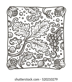 Vector illustration of engraved rosette with grapes and leaves in medieval style