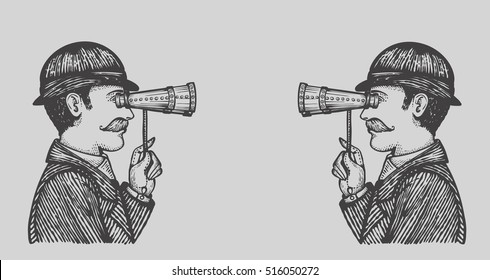 Vector illustration of engraved secret spies - danger villains searching for private information concept as a vintage men looking through binoculars on each other.