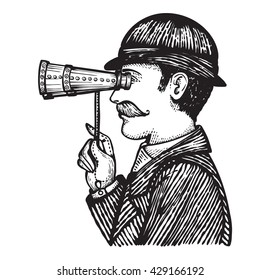 Vector illustration of engraved secret spy - danger villain searching for private information concept as a vintage man looking through binoculars.