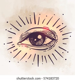 Vector illustration in engraved style. Eye of Providence. Masonic symbol. All seeing eye. Hand-drawn alchemy, religion, spirituality, occultism. Isolated vector illustration. Conspiracy theory.